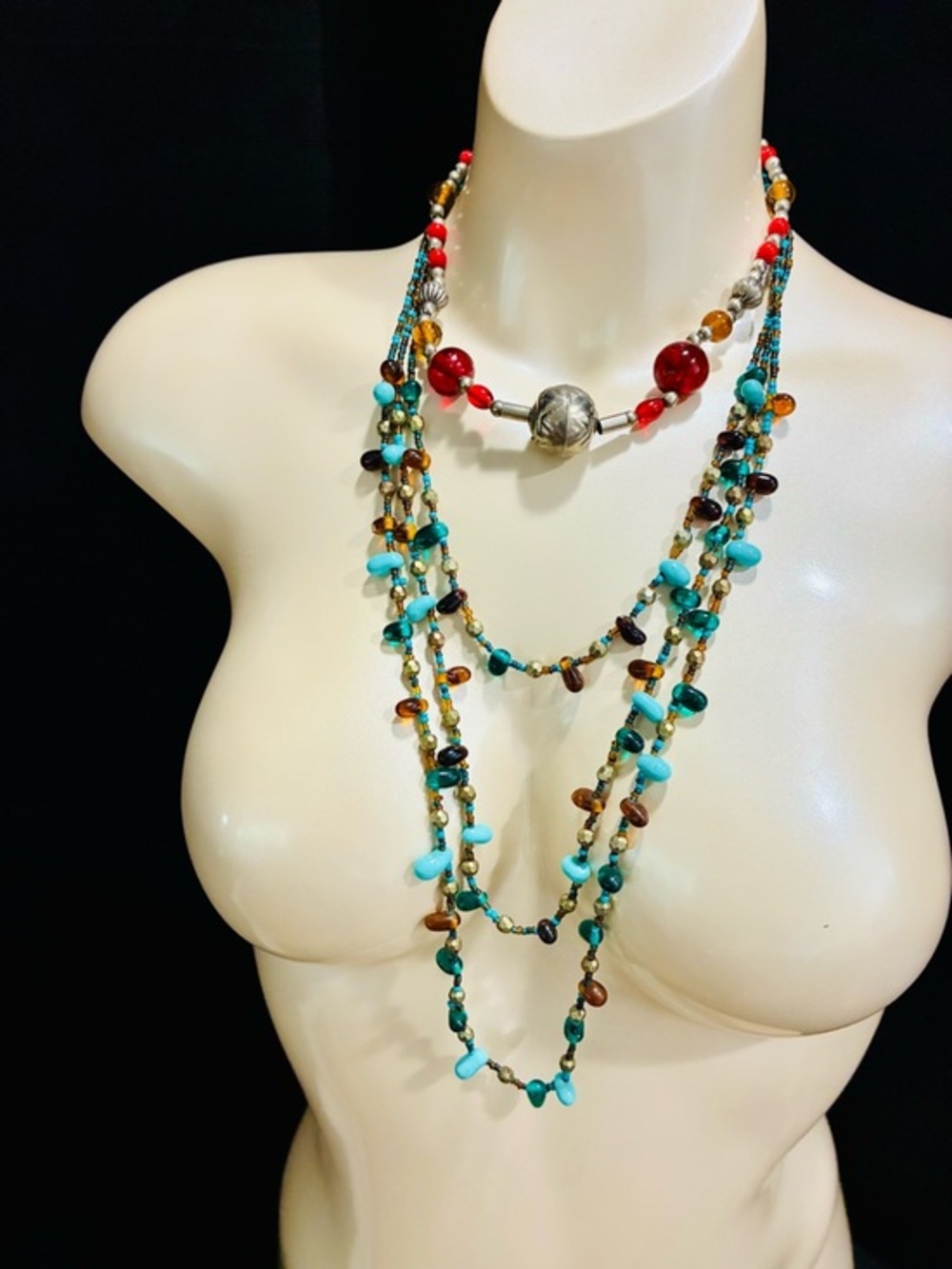 Multi-Strand Turquoise & Amber Glass Dew Drop Beaded Necklace Boho Festival EUC